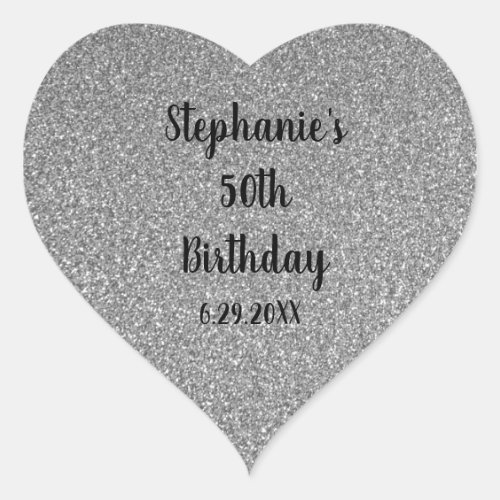 Glittery Grey Silver Custom Happy Birthday Name Heart Sticker