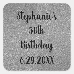 Glittery Grey Silver Custom Happy Birthday Name Square Sticker