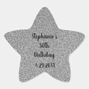 Glittery Grey Silver Custom Happy Birthday Name Star Sticker