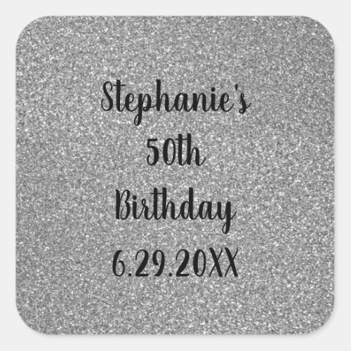 Glittery Grey Silver Happy Birthday Name Custom  Square Sticker