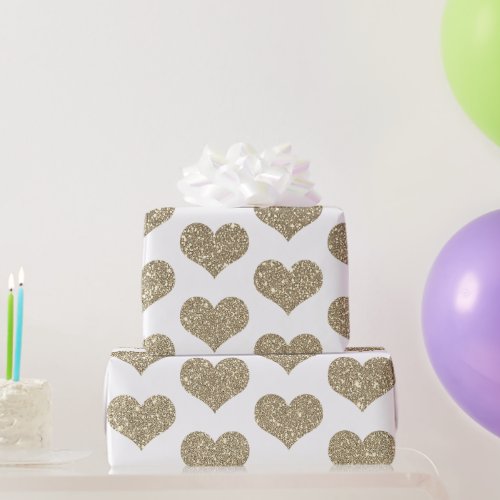 Glittery Heart Patterns Gold Golden White Sparkle Wrapping Paper