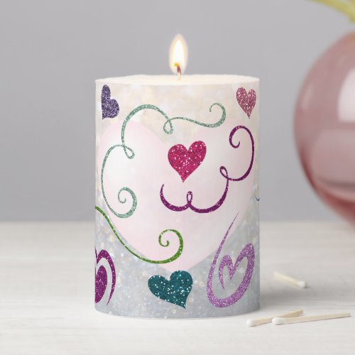 Glittery Hearts Pillar Candle