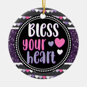 Glittery Hearts Purple Bless Your Heart Christmas Ceramic Ornament