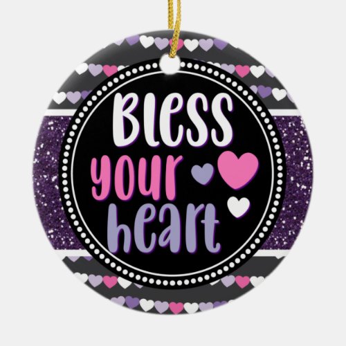 Glittery Hearts Purple Bless Your Heart Christmas Ceramic Ornament