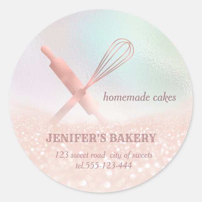 Glittery holograph rolling pin & whisk chef bakery classic round sticker (Front)
