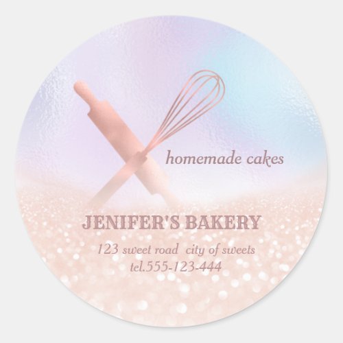 Glittery holograph rolling pin  whisk chef bakery classic round sticker
