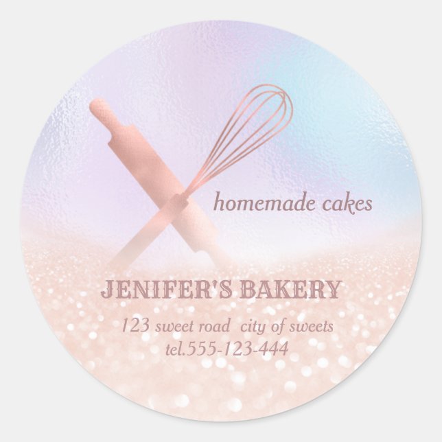 Glittery holograph rolling pin & whisk chef bakery classic round sticker (Front)
