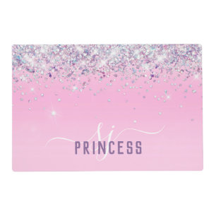 Glittery Holographic Faux Light Pink Pet Food Mat