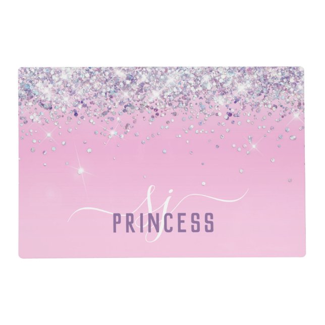 Glittery Holographic Faux Light Pink Pet Food Mat (Front)