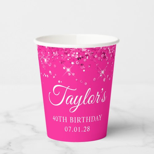 Glittery Hot Pink 40th Birthday Paper Cups