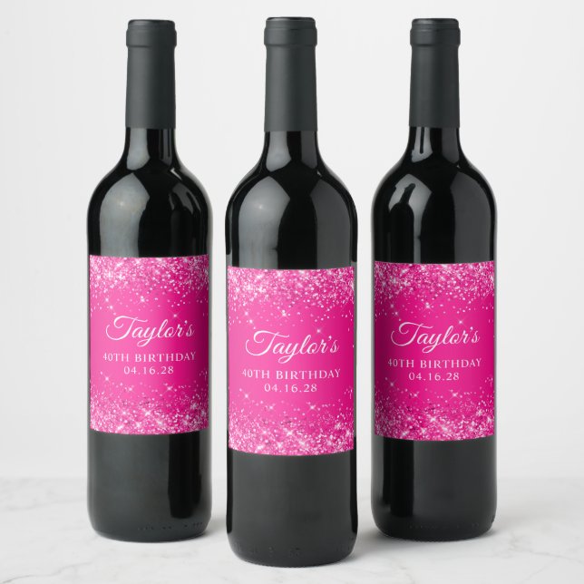 Glittery Hot Pink 40th Birthday Wine Label (Bottles)