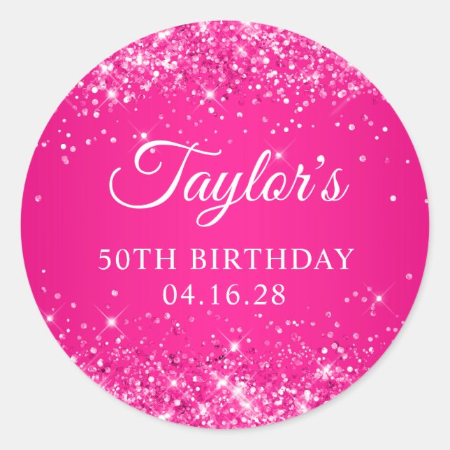 Glittery Hot Pink 50th Birthday Classic Round Sticker (Front)