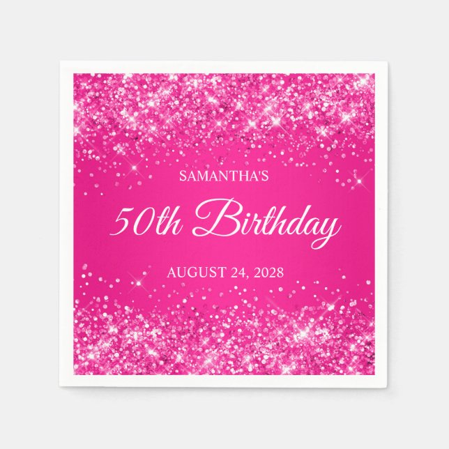 Glittery Hot Pink 50th Birthday Napkins (Front)