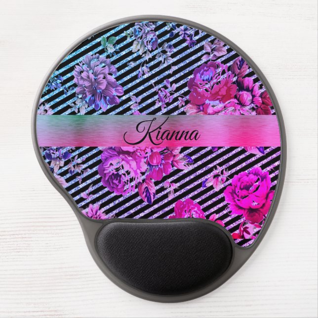 Glittery Hot Pink and Teal Floral      Gel Mouse Pad (Front)