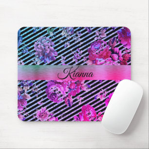 Glittery Hot Pink and Teal Floral Mouse Pad