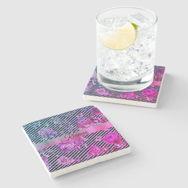 Glittery Hot Pink and Teal Floral Personalized     Stone Coaster (Side)