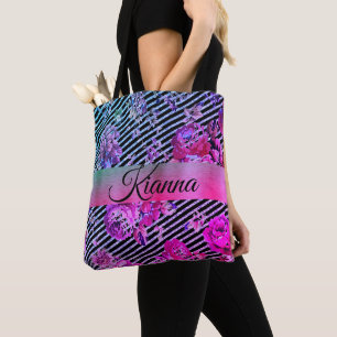 Glittery Hot Pink and Teal Floral Personalized Tote Bag