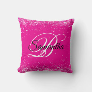 Glittery Hot Pink Fancy Monogram Throw Pillow