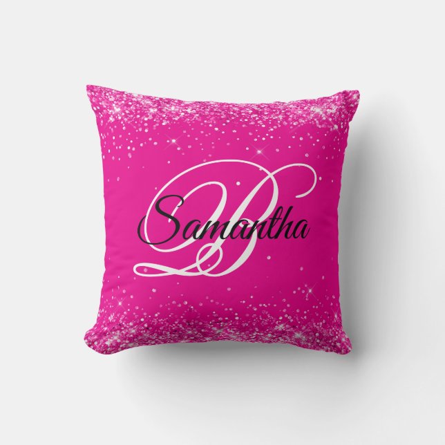 Glittery Hot Pink Fancy Monogram Throw Pillow (Front)