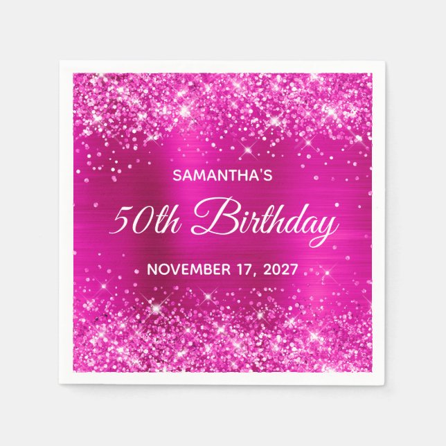 Glittery Hot Pink Foil 50th Birthday Napkins (Front)