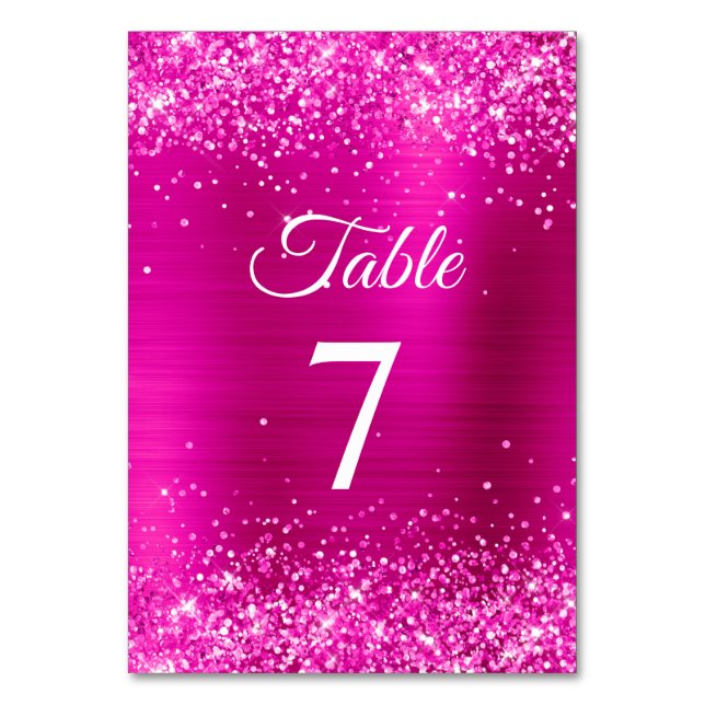 Glittery Hot Pink Foil Elegant Calligraphy Table Number (Front)