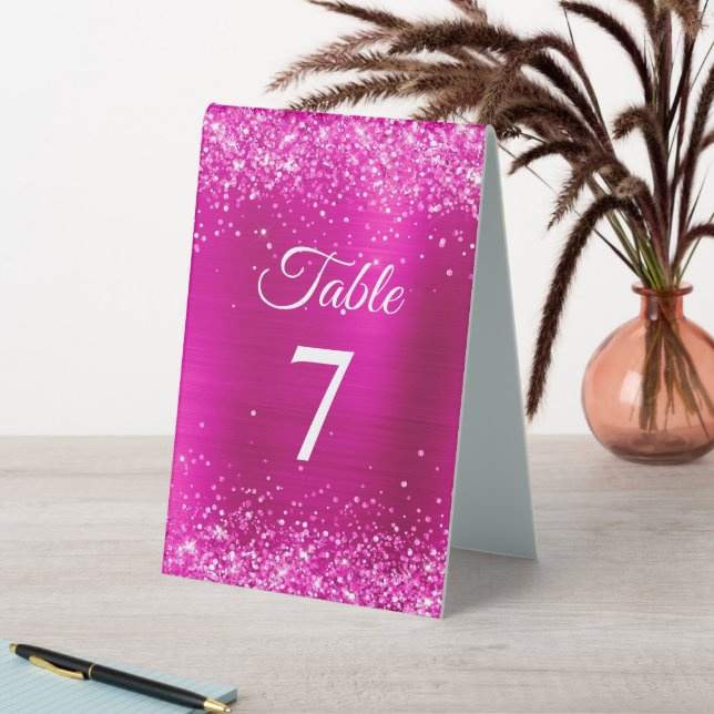 Glittery Hot Pink Foil Elegant Table Number Table Tent (In SItu (Table))
