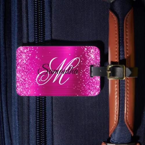 Glittery Hot Pink Foil Fancy Monogram Luggage Tag