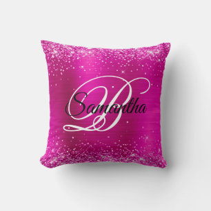 Glittery Hot Pink Foil Fancy Monogram Throw Pillow