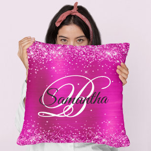 Glittery Hot Pink Foil Fancy Monogram Throw Pillow
