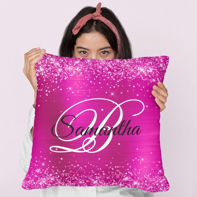 Glittery Hot Pink Foil Fancy Monogram Throw Pillow (Glittery Hot Pink Foil Fancy Monogram Throw Pillow)