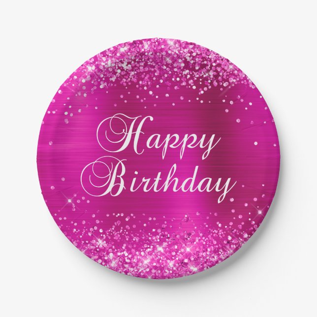 Glittery Hot Pink Foil Happy Birthday Paper Plates (Front)