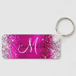 Glittery Hot Pink Foil Monogram Skinny Horizontal Keychain