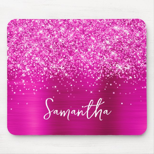 Glittery Hot Pink Glam Name Mouse Pad (Front)