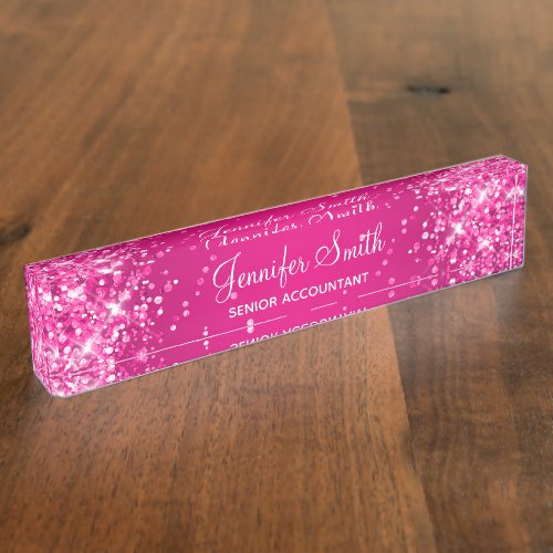 Glittery Hot Pink Gradient Desk Name Plate