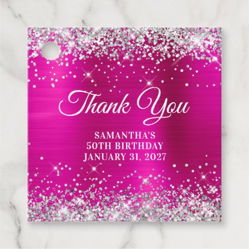 Glittery Hot Pink Monogram 50th Birthday Thank You Favor Tags