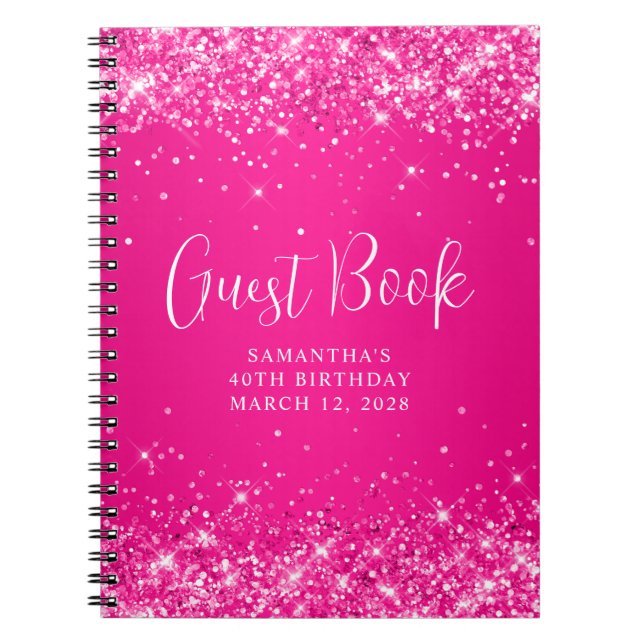 Glittery Hot Pink Ombre 40th Birthday Guest Notebook (Front)