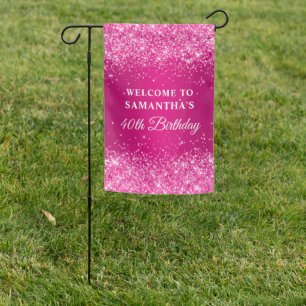 Glittery Hot Pink Raspberry Ombre 40th Birthday Garden Flag