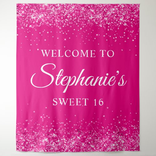 Glittery Hot Pink Sweet 16 Birthday Welcome Tapestry