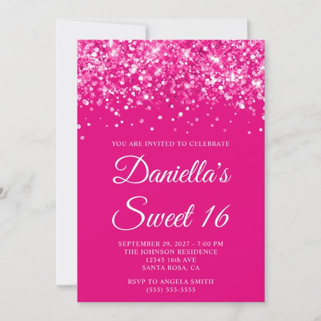 Glittery Hot Pink Sweet 16 Invitation (Front)