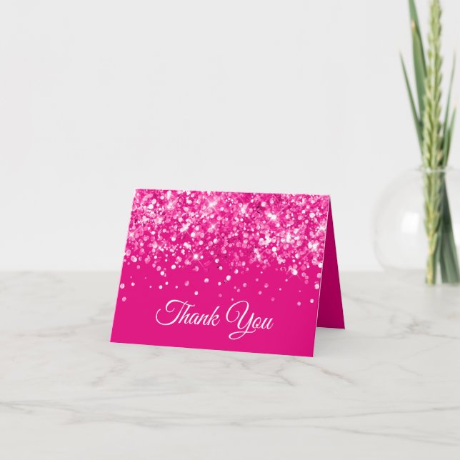Glittery Hot Pink Sweet 16 Thank You Card (Front)