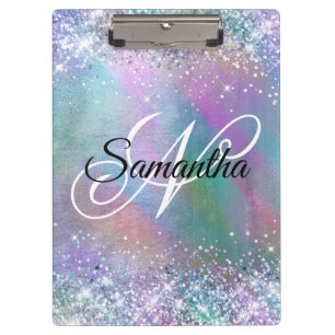 Glittery Iridescent Rainbow Foil Fancy Monogram Clipboard