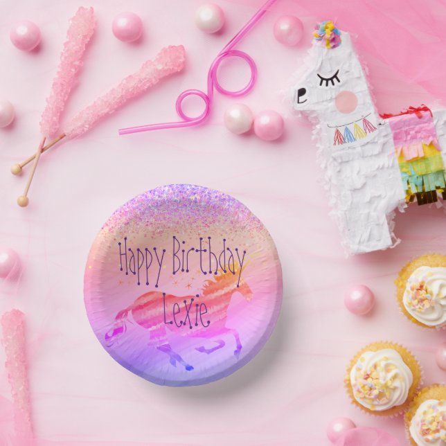 Glittery Lavender and Pink Unicorn Birthday Paper Bowls (Party)
