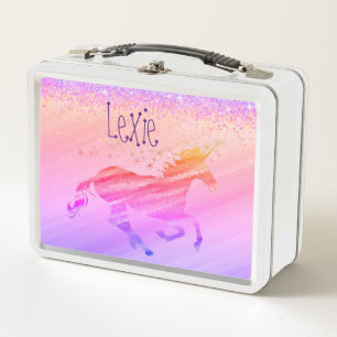Glittery Lavender and Pink Unicorn Metal Lunch Box