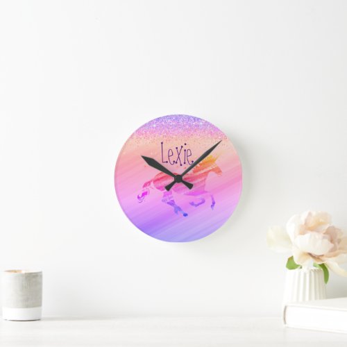 Glittery Lavender and Pink Unicorn  Personalized  Round Clock