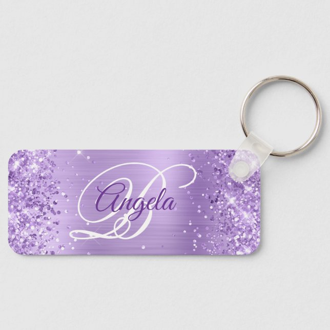 Glittery Lavender Foil Fancy Monogram Keychain (Front)