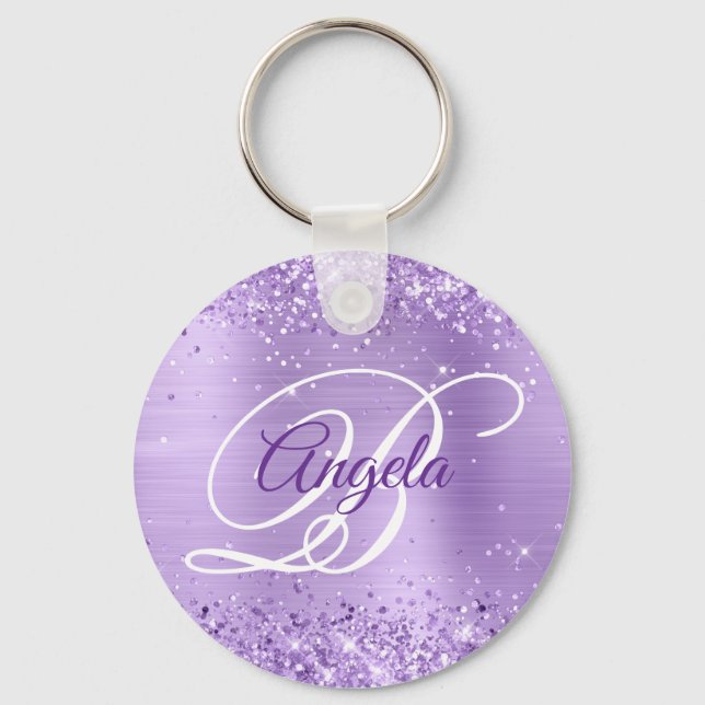 Glittery Lavender Foil Fancy Monogram Keychain (Front)