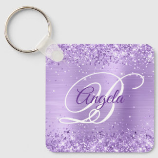 Glittery Lavender Foil Fancy Monogram Keychain