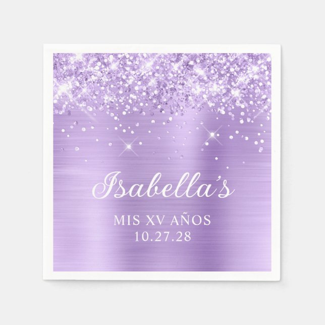 Glittery Lavender Foil Mis XV Años Napkins (Front)