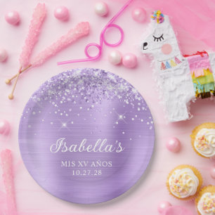 Glittery Lavender Foil Mis XV Años Paper Plates