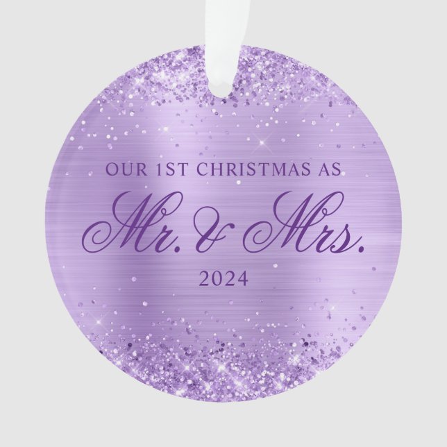 Glittery Lavender Foil Our 1st Christmas Photo Ornament (Front)